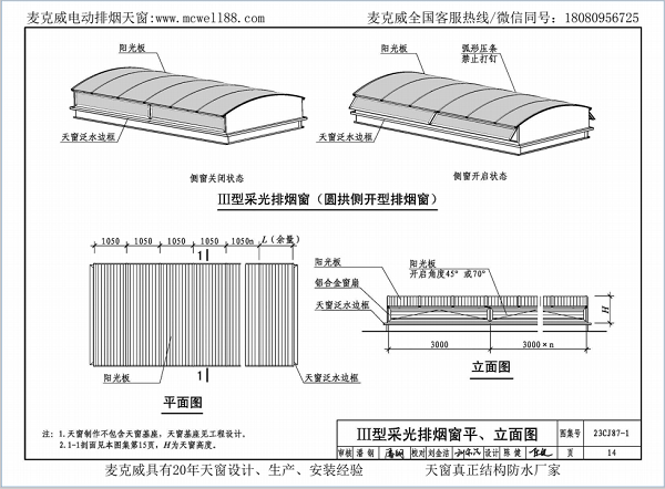 23CJ87-1采光、通風、消防排煙天窗（一）中III型側開式圓拱型電動采光排煙天窗